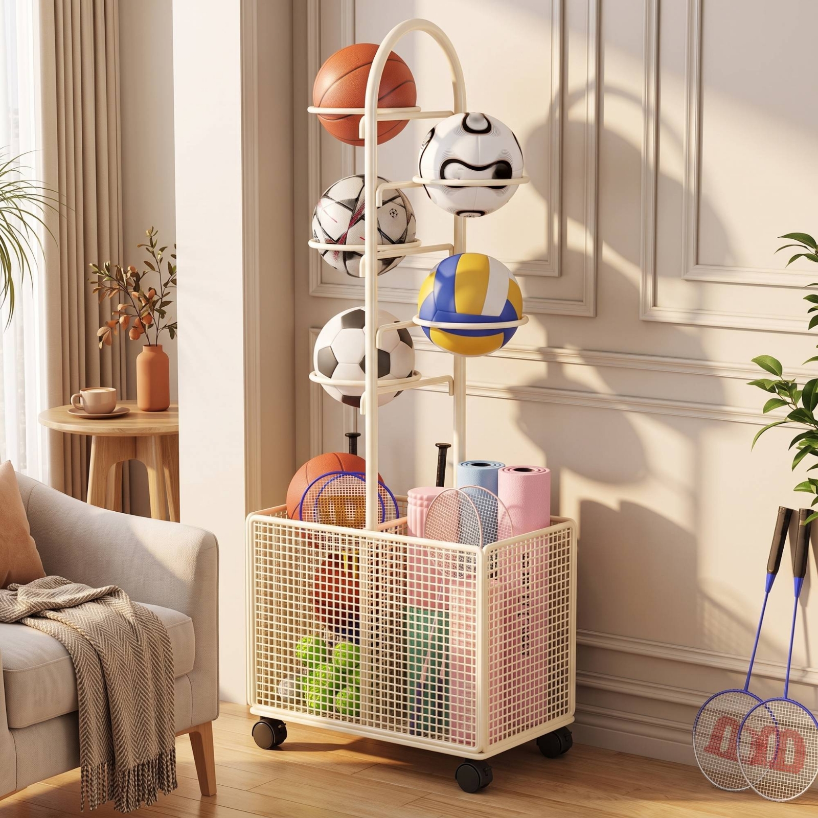 Sports Equipment Rack - ชั้นวางอุปกรณ์กีฬาแบบตั้งพื้นพร้อมตะกร้าใส่ลูกบอล ชั้นวางแบบมีล้อสำหรับจัดเก็บอุปกรณ์กีฬา