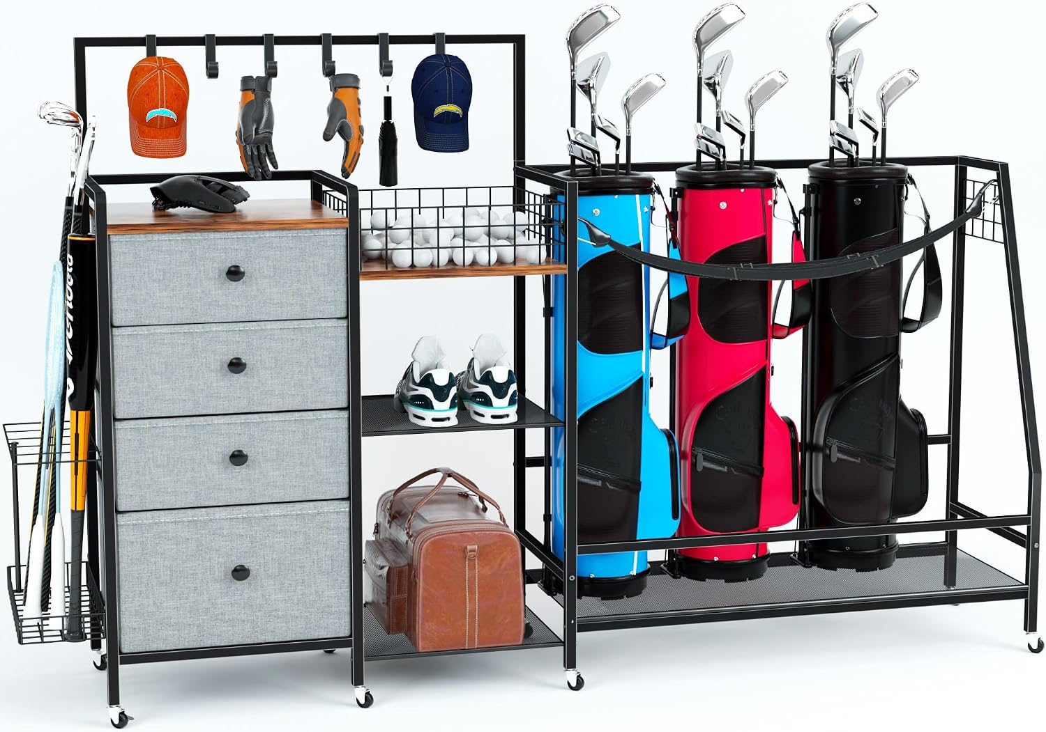 Sports Equipment Bag With Wheels - ชั้นวางถุงกอล์ฟขนาดใหญ่พิเศษสำหรับโรงรถ, ชั้นวางจัดเก็บอุปกรณ์กอล์ฟโลหะแบบแข็งแรงทนทาน รองรับถุงได้ 3 ใบ, รถเข็นเก็บอุปกรณ์กีฬากลางแจ้งพร้อมลิ้นชักผ้า,