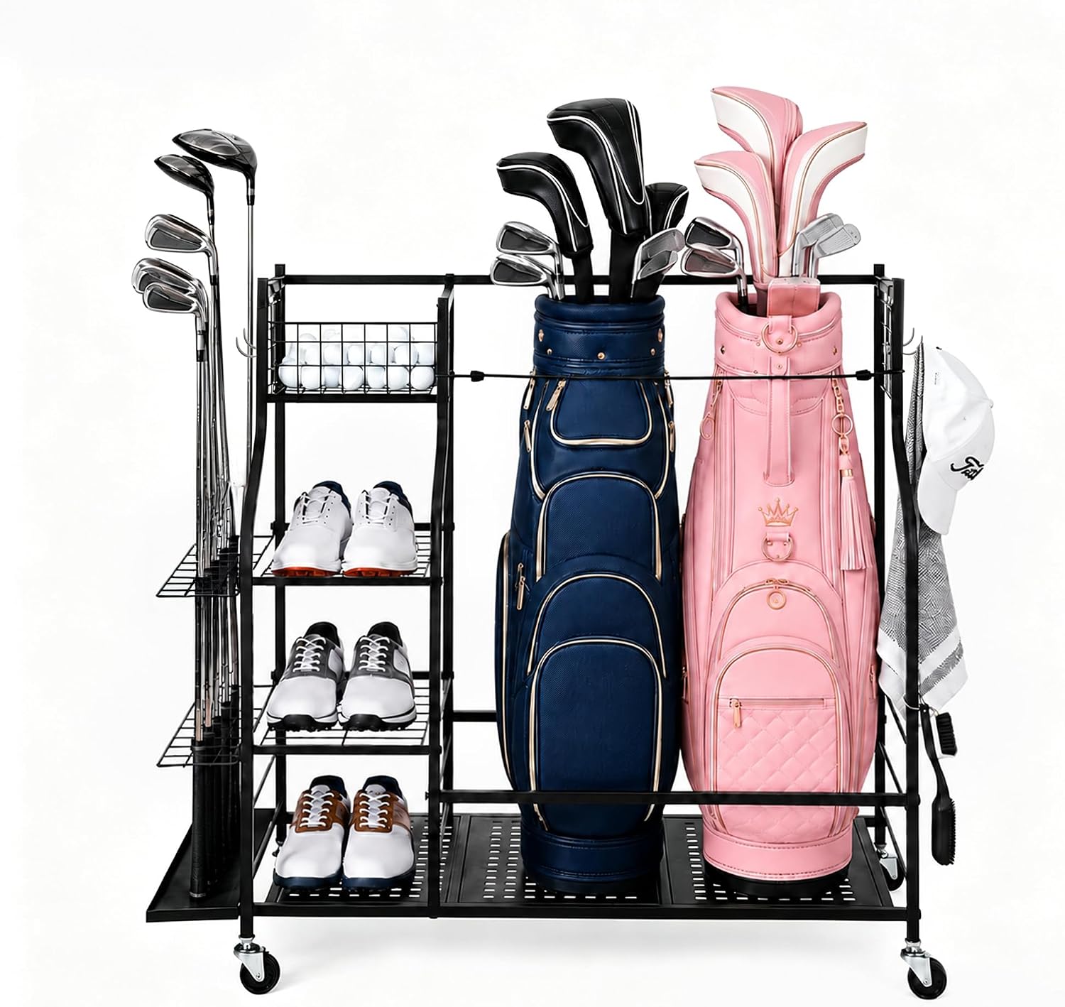 Sports Equipment Bag With Wheels - ชั้นวางถุงกอล์ฟแบบหนาสำหรับโรงรถพร้อมล้อเลื่อน, ที่จัดเก็บถุงกอล์ฟความจุขนาดใหญ่, ชั้นวางไม้กอล์ฟอเนกประสงค์และที่เก็บอุปกรณ์กีฬากลางแจ้ง, สีดำ