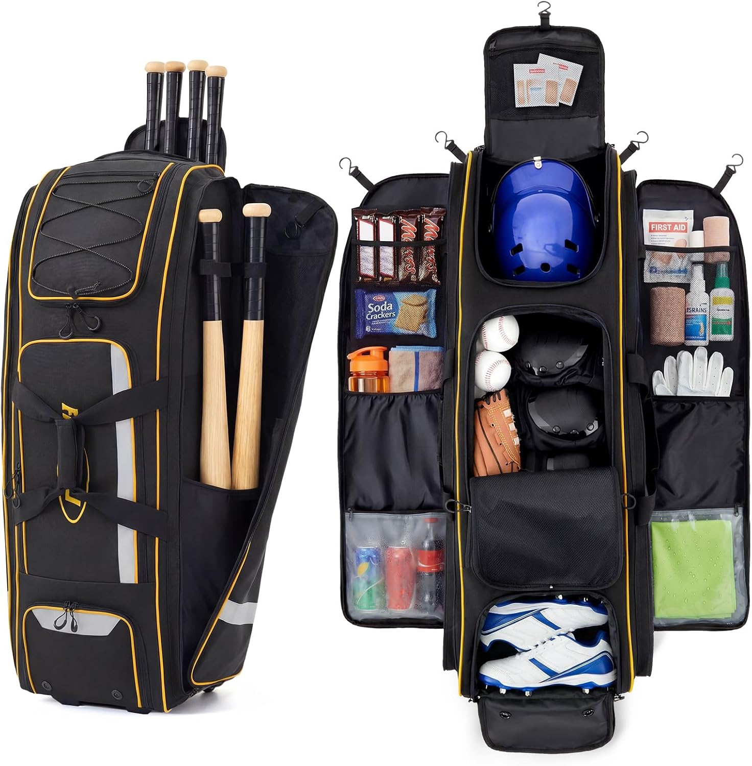 Sports Equipment Bag With Wheels - กระเป๋าใส่อุปกรณ์เบสบอลแบบมีล้อขนาด 100 ลิตร ทนทานสำหรับจัดเก็บอุปกรณ์ซอฟต์บอล พร้อมช่องเก็บไม้เบสบอล 8