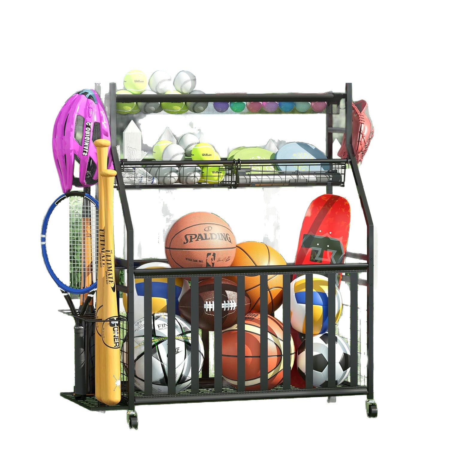 Sports Equipment Bag With Wheels - กระเป๋าเก็บอุปกรณ์กีฬาพร้อมชั้นวางลูกบอลในตัว ชั้นวางลูกบอลกีฬาแบบมีล้อ กระเป๋าเก็บลูกบอลพร้อมฐานสำหรับเบสบอล