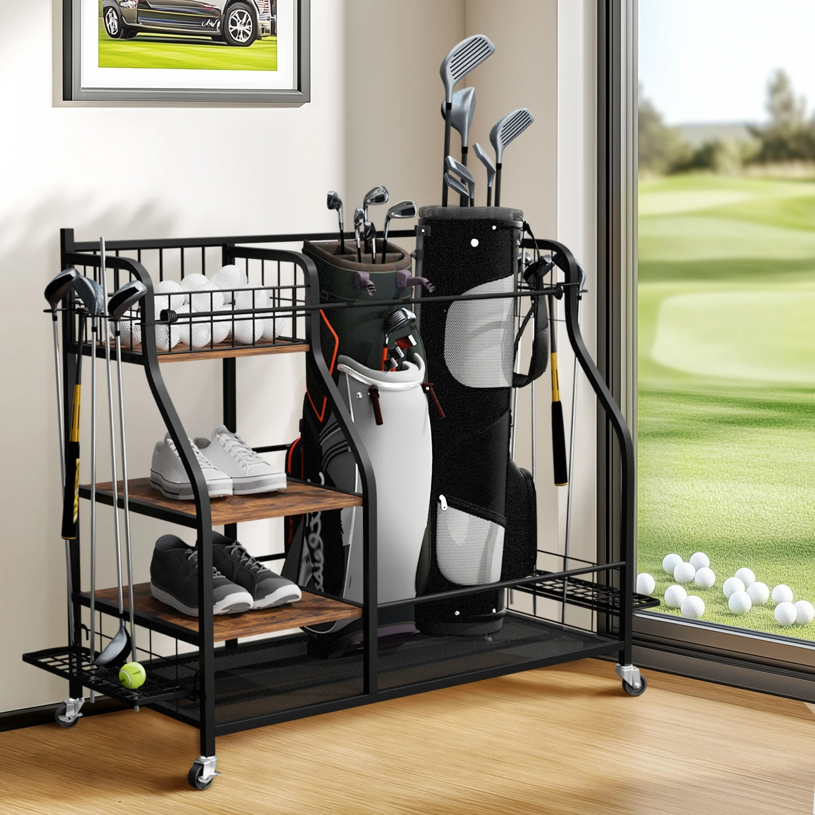 Sports Equipment Rack - ชั้นวางอุปกรณ์กีฬาอเนกประสงค์แบบมีล้อ สำหรับเก็บถุงกอล์ฟ ทำจากโลหะ