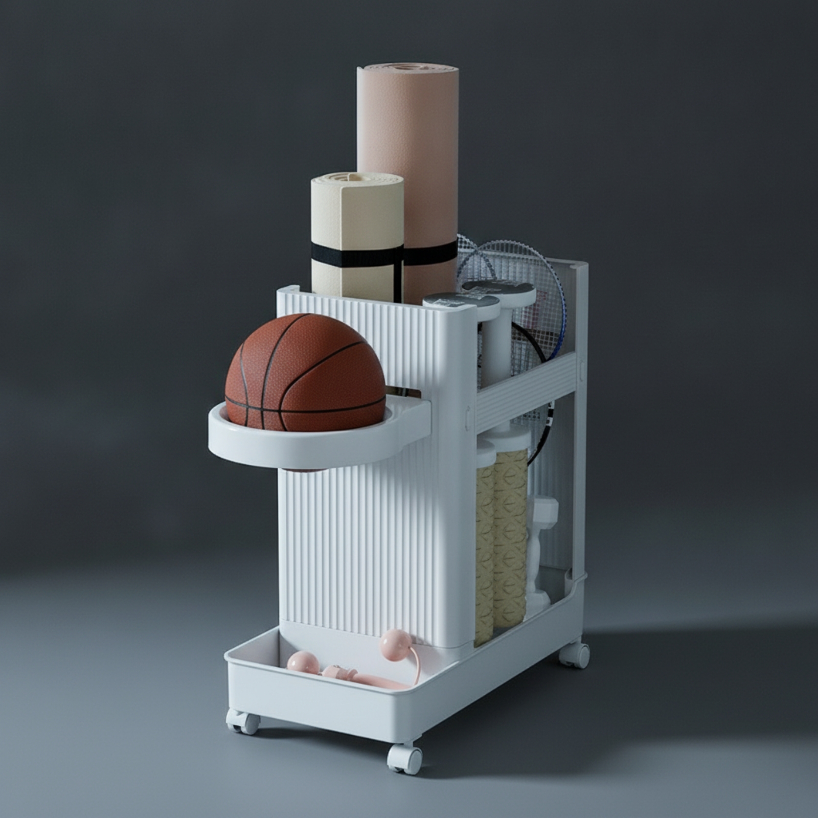 Sports Equipment Rack - รถเข็นเก็บอุปกรณ์กีฬา รถเข็นจัดเก็บอุปกรณ์กีฬาแบบมีล้อ ชั้นวางลูกบอลแบบมีล้อ หมุนได้ 360 องศา