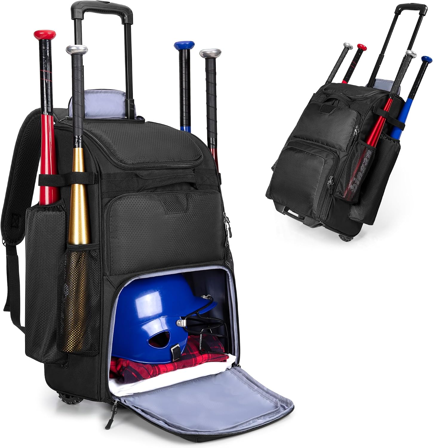 Sports Equipment Bag With Wheels - กระเป๋าเป้สะพายหลังสำหรับเบสบอลแบบมีล้อ ทนทานสำหรับอุปกรณ์ซอฟต์บอล สามารถใส่ไม้เบสบอลได้สี่อัน พร้อมช่องใส่รองเท้า ตะขอเกี่ยวรั้ว และสายสะพายที่ถอดออกได้